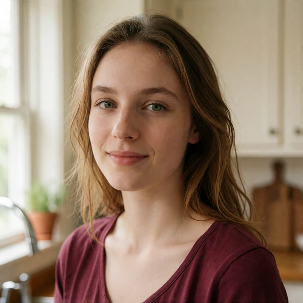 Close portrait of a young Moldovan woman with light brown hair smiling in a bright home kitchen