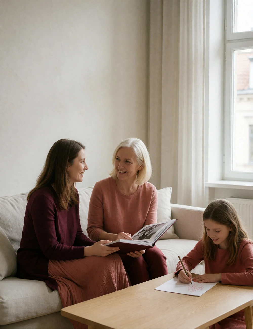 Belarusian woman sharing a photo album with an older relative on a linen sofa while a young girl draws nearby in a bright modern apartment