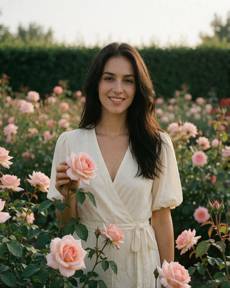 Smiling Bulgarian woman with long dark hair standing among blooming pale pink roses in a summer garden