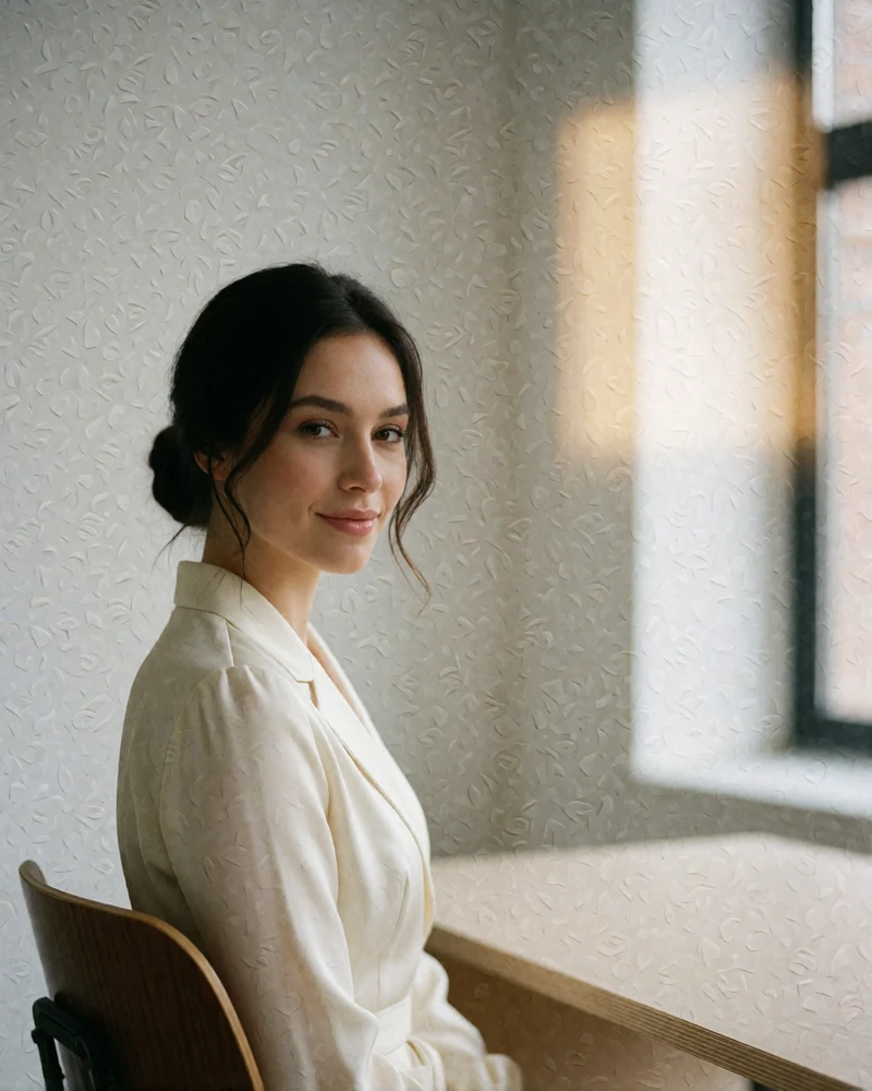 Composed Russian woman in an ivory blouse sitting at a desk in a bright modern studio
