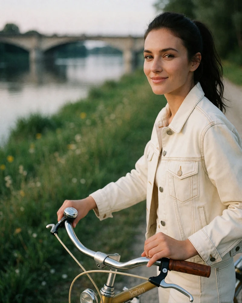 Active Polish woman with dark hair in a ponytail standing beside a vintage bicycle on a green riverbank path