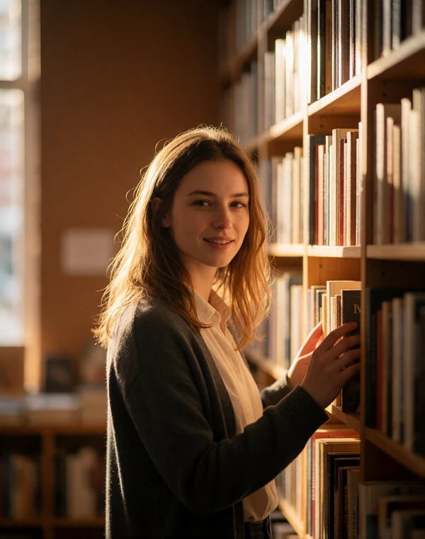 Verified member in a charcoal cardigan browsing tall wooden shelves in a small bookshop