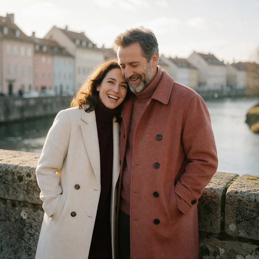 Couple in their forties laughing together on an old stone bridge over a European river