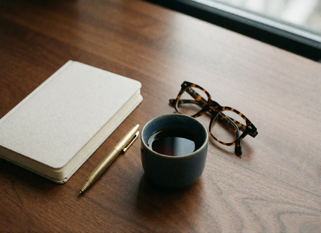 A closed cream linen notebook, brass pen and small cup of tea resting on a warm walnut desk beside folded reading glasses