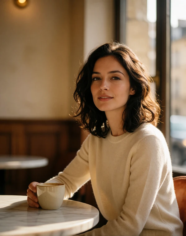 Verified member in her early thirties sitting by a cafe window with a ceramic cup, smiling toward the camera