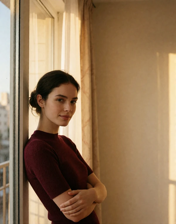 Verified member in a burgundy knit top standing by a tall apartment window in soft daylight