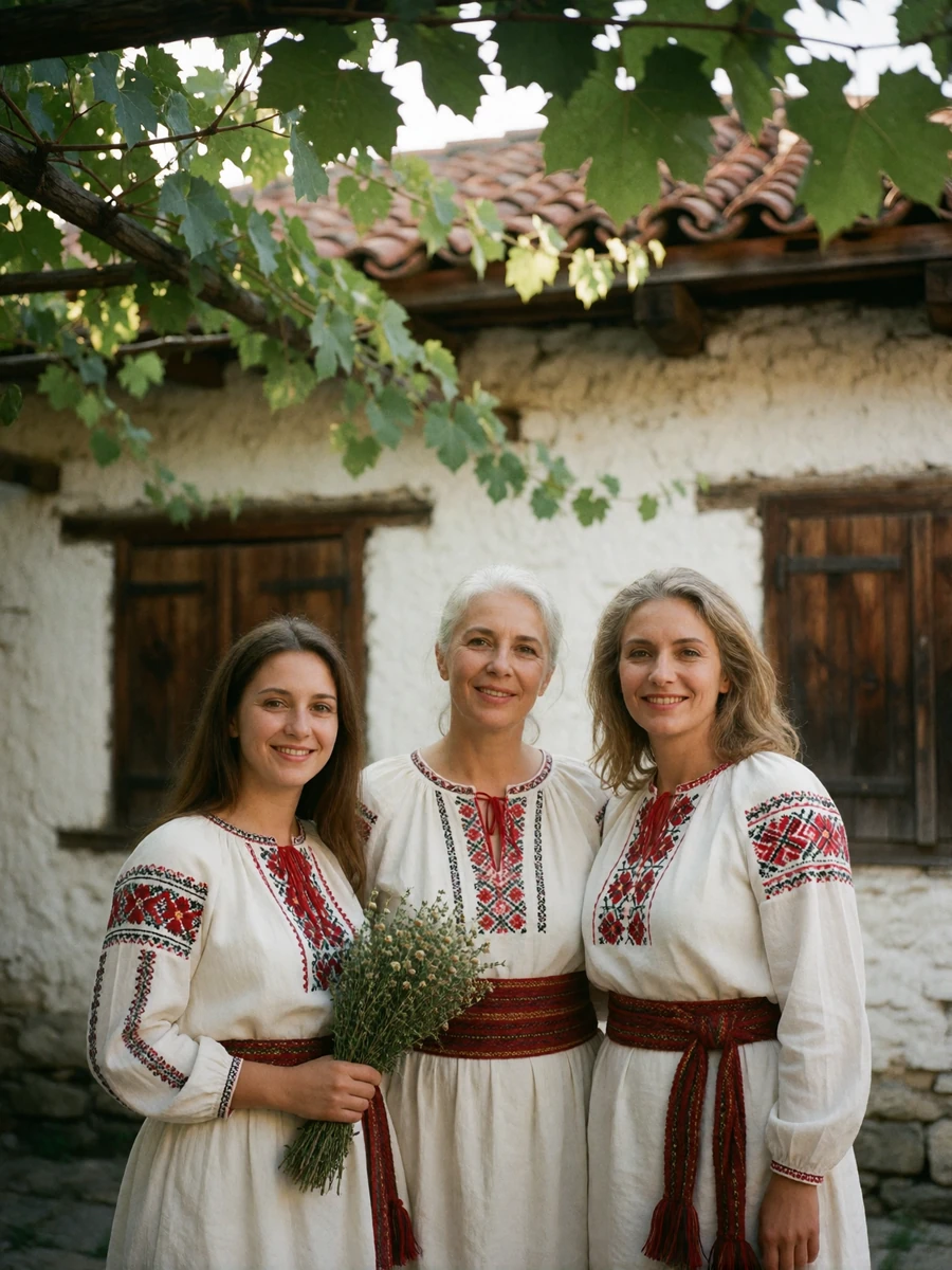 Three generations of Bulgarian women in white blouses with red folk embroidery smiling together in a stone village courtyard