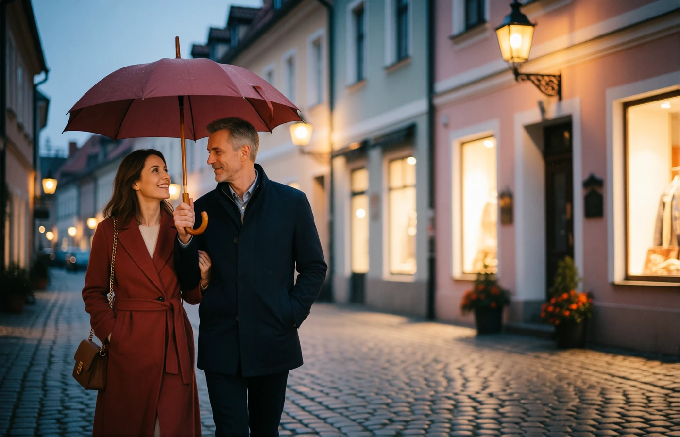 Couple in their forties walking closely together along a cobbled old-town lane at dusk under warmly lit windows