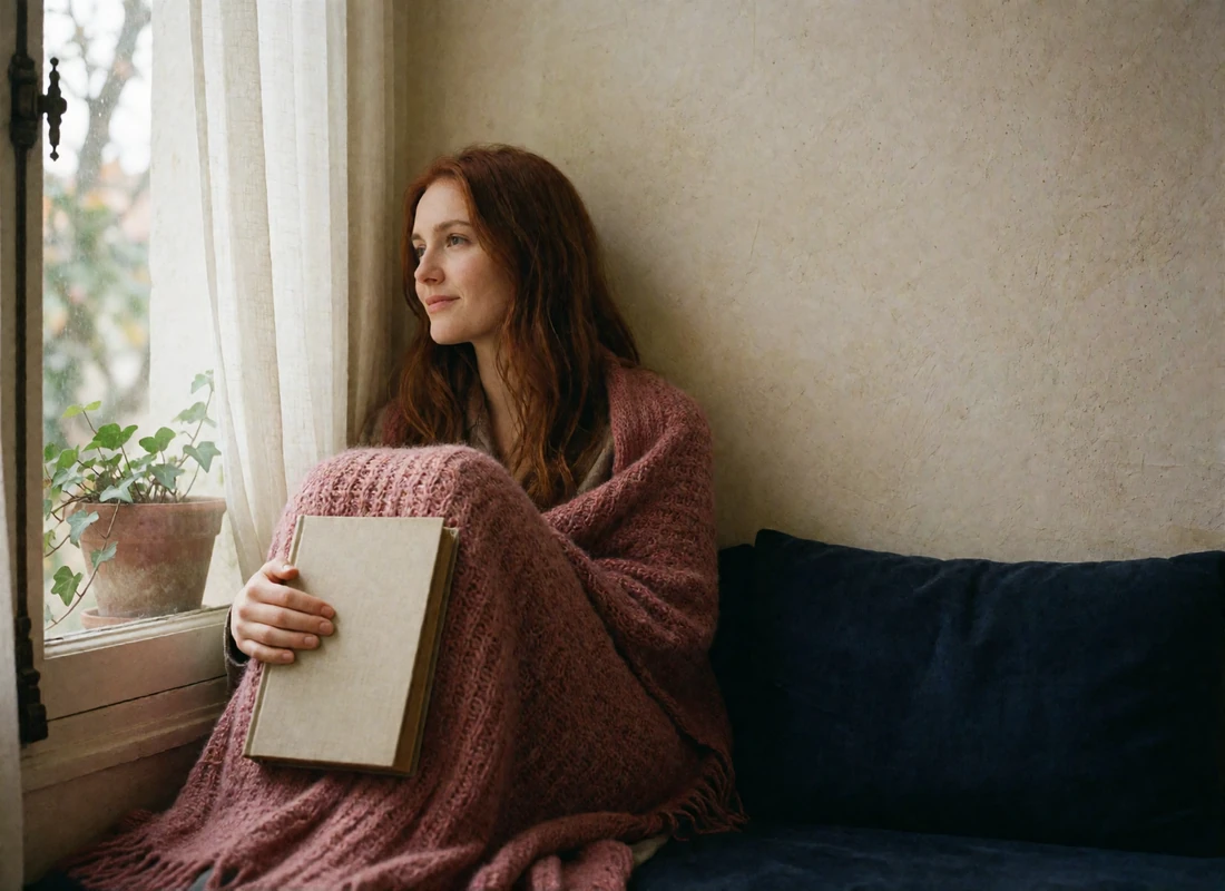 Woman in her early thirties reading by a window seat wrapped in a dusty rose knit throw