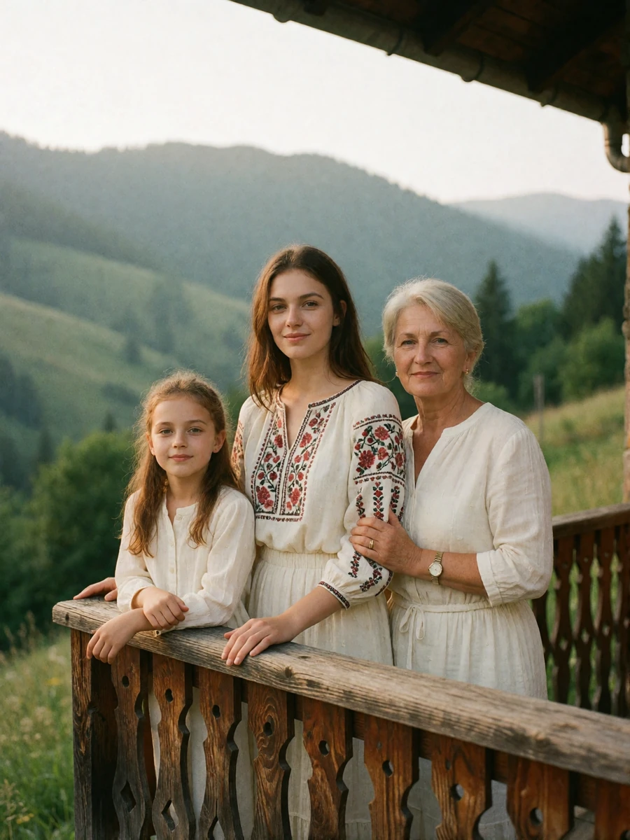 Three generations of a Romanian family sharing warm smiles on a farmhouse veranda in the Carpathian countryside