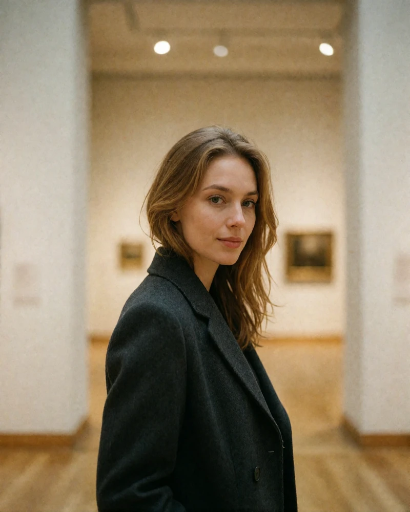 Thoughtful Polish woman with light chestnut hair in a tailored charcoal coat standing in a quiet gallery corridor