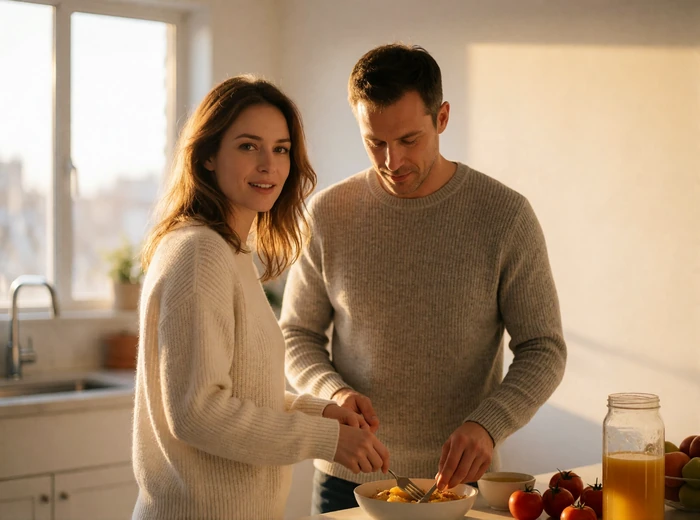 Couple preparing breakfast together in a bright modern apartment kitchen in warm morning light