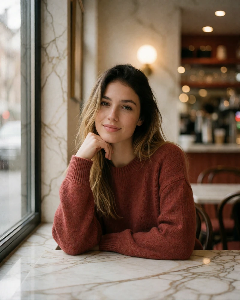 Czech woman with long dark blonde hair smiling warmly at a marble cafe table beside a window