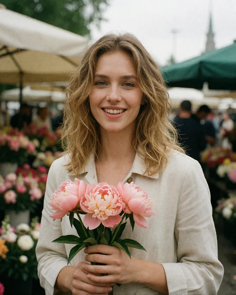 Smiling Russian woman holding pink peonies at an open-air flower market