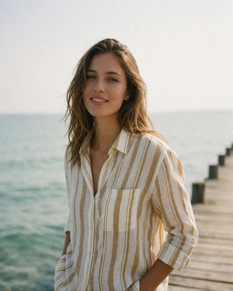 Relaxed Bulgarian woman with light brown hair standing on a wooden pier by the Black Sea in a striped linen shirt